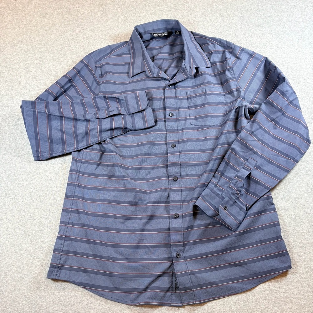 Travis Mathew Button Down Shirt Mens XL Blue Striped Performance Long Sleeve